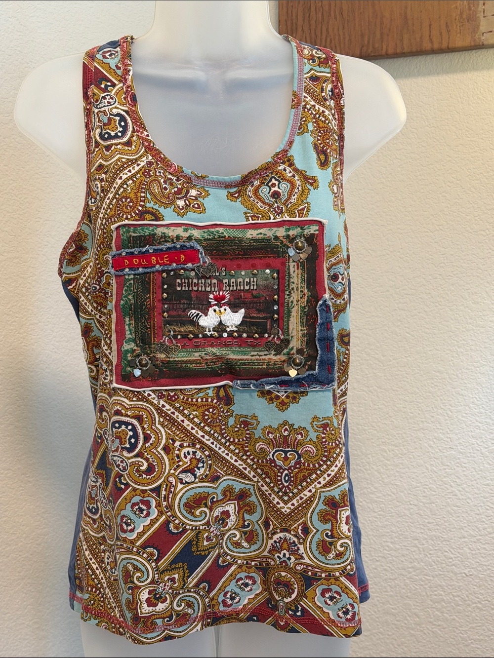 Double D Chicken Ranch Vintage Tank Top in Paisley with Patch Studded Detail